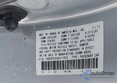 2013 Honda Accord Ex-L V-6 из США, поврежденный, VIN 1HGCR3F85DA013930